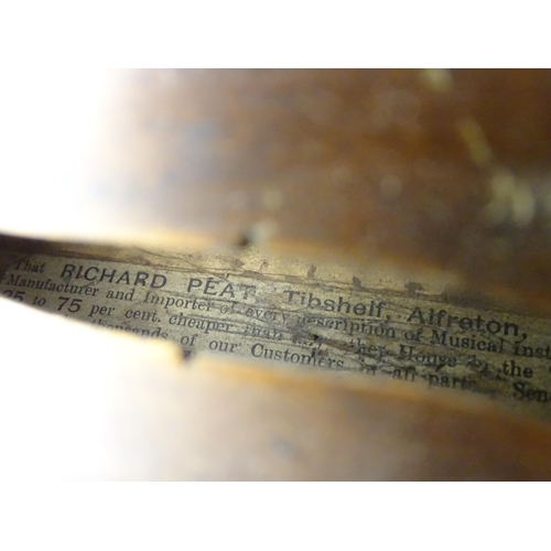 1375 - Musical Instrument: a c1900 violin, bearing interior label 'Richard Peat - Tibshelf, Alfreton, Derby... 