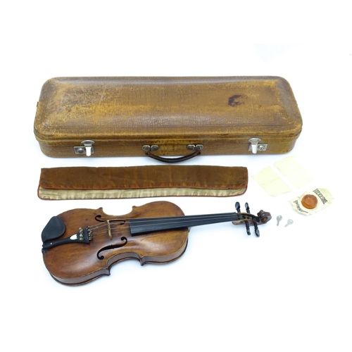 1376 - Musical Instrument: an early 19thC violin, the interior bearing labels 'Repaired by H. Pickard 137 K... 