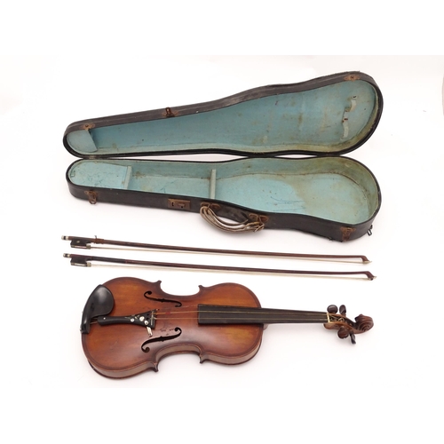 1377 - Musical Instrument: an early 20thC continental violin, constructed from maple with mahogany tuning p... 