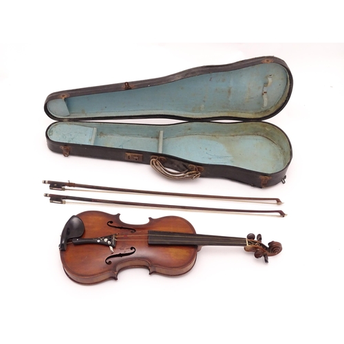 1377 - Musical Instrument: an early 20thC continental violin, constructed from maple with mahogany tuning p... 