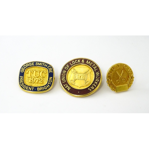 768 - Trade Union Interest: a quantity of assorted badges, pins, etc. to include 9ct gold, Swedish silver ... 