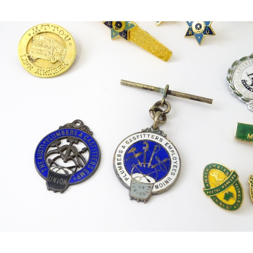 773 - Trade Union Interest: a quantity of assorted badges, pins, etc. to include two sterling silver Plumb... 