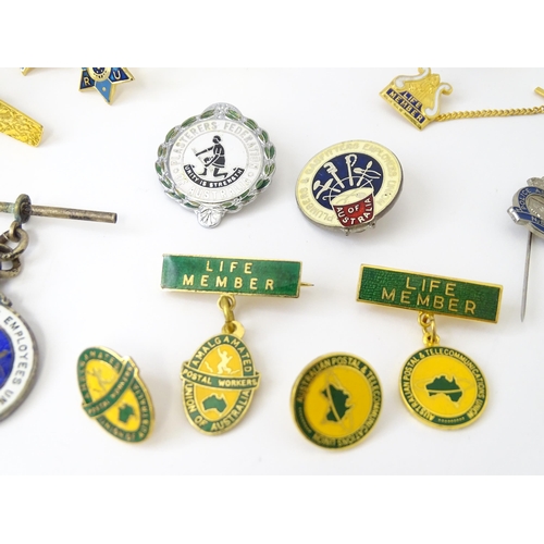 773 - Trade Union Interest: a quantity of assorted badges, pins, etc. to include two sterling silver Plumb... 