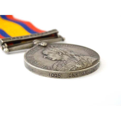 813 - Militaria , Boer War : a Queen's South Africa medal , awarded to 1005 Gunner J. Fick , Cape Garrison... 