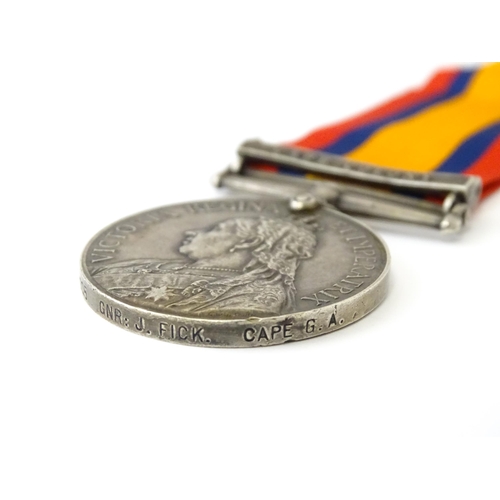 813 - Militaria , Boer War : a Queen's South Africa medal , awarded to 1005 Gunner J. Fick , Cape Garrison... 