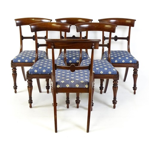 1688 - A set of six early / mid 19thC mahogany dining chairs with bowed top rails, carved mid rails, drop i... 