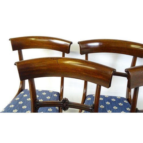 1688 - A set of six early / mid 19thC mahogany dining chairs with bowed top rails, carved mid rails, drop i... 