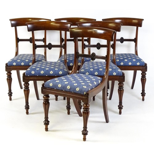 1688 - A set of six early / mid 19thC mahogany dining chairs with bowed top rails, carved mid rails, drop i... 