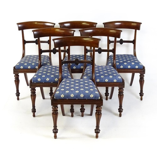 1688 - A set of six early / mid 19thC mahogany dining chairs with bowed top rails, carved mid rails, drop i... 