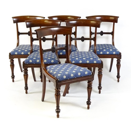 1688 - A set of six early / mid 19thC mahogany dining chairs with bowed top rails, carved mid rails, drop i... 