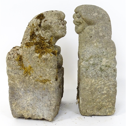 1066 - Garden & Architectural : A pair of Chinese stone foo dogs / guardian temple lions. Approx. 15