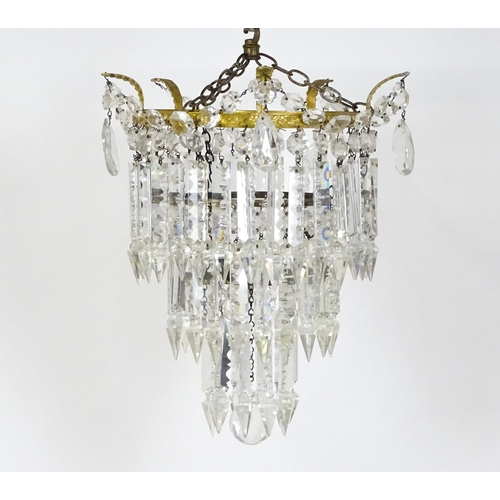 1522 - A late 19th / early 20thC three tier bag light shade with lustre drops. Approx. 15