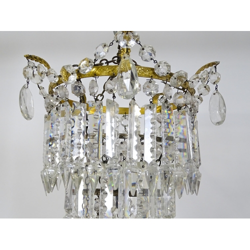 1522 - A late 19th / early 20thC three tier bag light shade with lustre drops. Approx. 15