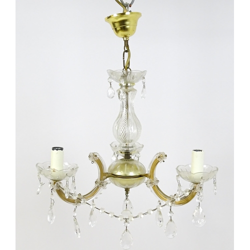 1524 - A late 20thC three branch chandelier / electrolier with lustre detail. Approx. 22