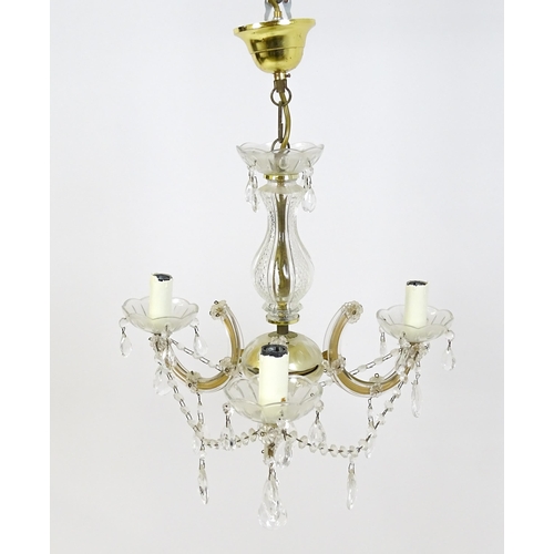 1524 - A late 20thC three branch chandelier / electrolier with lustre detail. Approx. 22