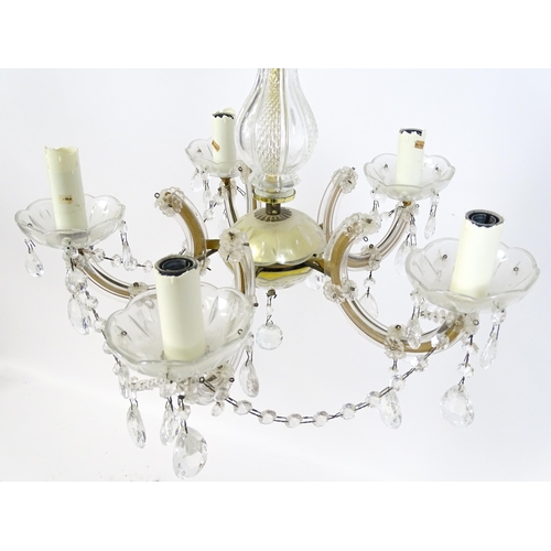 1525 - A late 20thC five branch chandelier / electrolier with lustre detail. Approx. 22