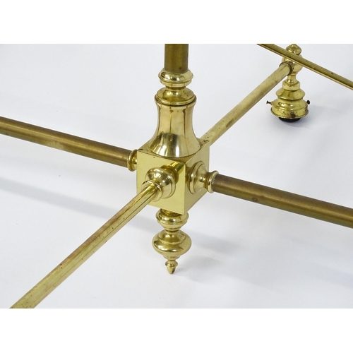 1530 - A large hanging six light brass snooker / billiard table light with scroll detail. Approx. 101