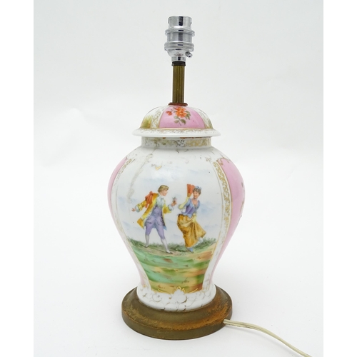 1542 - A Dresden porcelain table lamp of lidded baluster vase form, decorated with alternating pink floral ... 