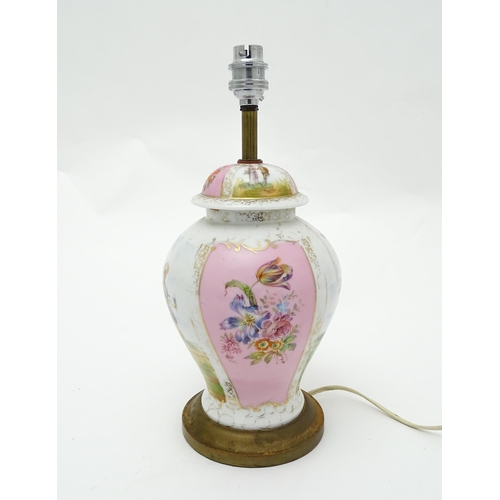 1542 - A Dresden porcelain table lamp of lidded baluster vase form, decorated with alternating pink floral ... 