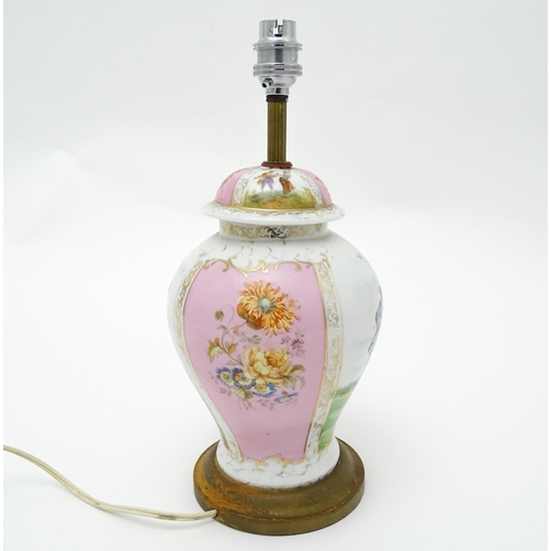 1542 - A Dresden porcelain table lamp of lidded baluster vase form, decorated with alternating pink floral ... 