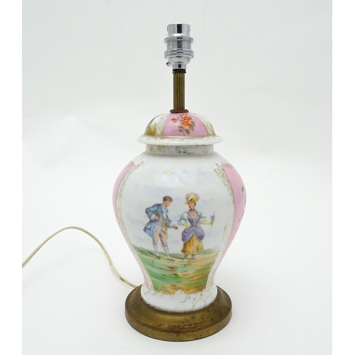 1542 - A Dresden porcelain table lamp of lidded baluster vase form, decorated with alternating pink floral ... 