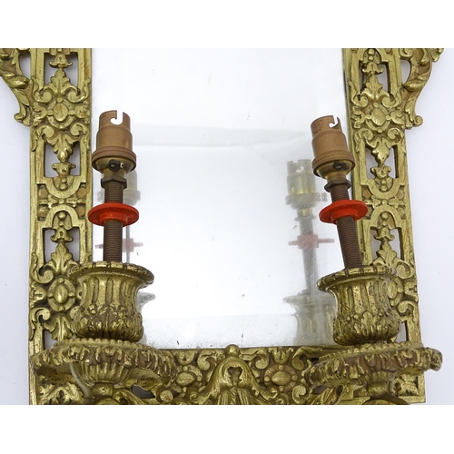 1549 - A pair of 20thC brass girandoles / electroliers surmounted by Neoclassical urns flanked by Georgian ... 