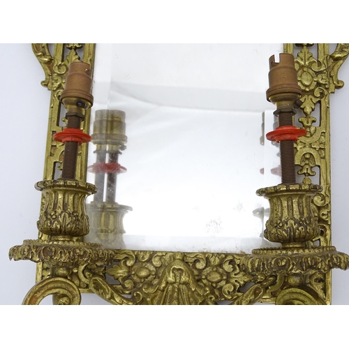 1549 - A pair of 20thC brass girandoles / electroliers surmounted by Neoclassical urns flanked by Georgian ... 