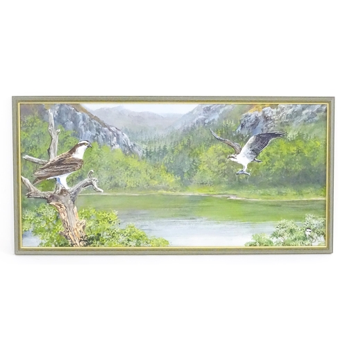 1792 - 20th century, Scottish School, Oil on board, A lake landscape with two Osprey birds, one with a fish... 