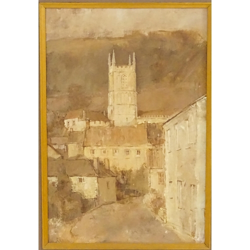 1793 - Roy Hewish (b. 1929), Oil on board, A Cotswolds street scene with a view of St Mary's Church, Wotton... 