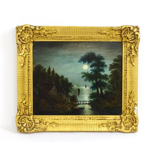 1801 - Manner of Sebastian Pether, 20th century, Oil on board, A moonlit wooded coastal view with sailing b... 