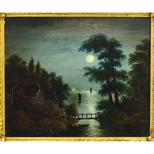 1801 - Manner of Sebastian Pether, 20th century, Oil on board, A moonlit wooded coastal view with sailing b... 