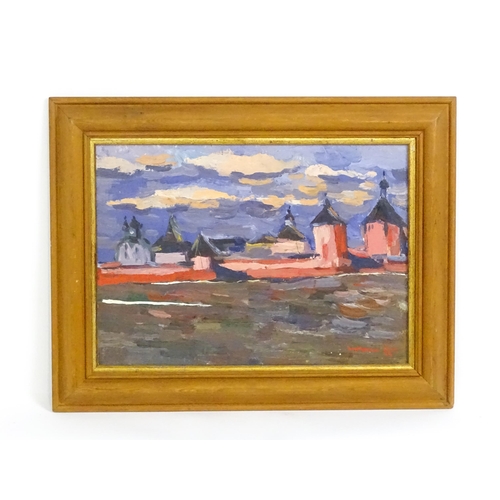 1803 - 20th century, Oil on board, An abstract Eastern European cityscape. Indistinctly signed and dated (1... 