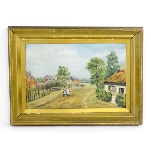 1807 - 20th century, Oil on board, An English village scene with figures in a country lane. Approx. 11 1/2