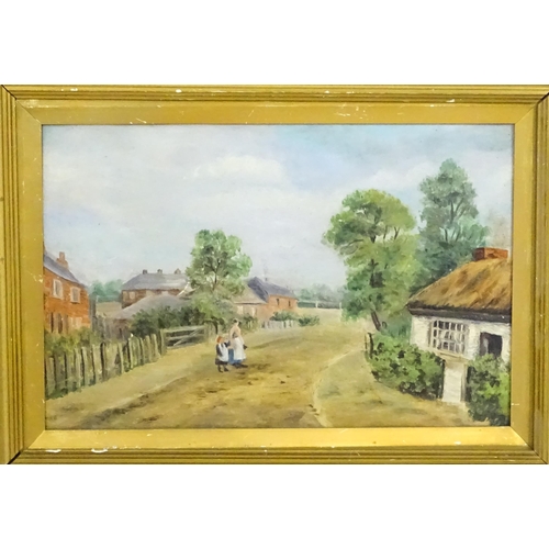 1807 - 20th century, Oil on board, An English village scene with figures in a country lane. Approx. 11 1/2