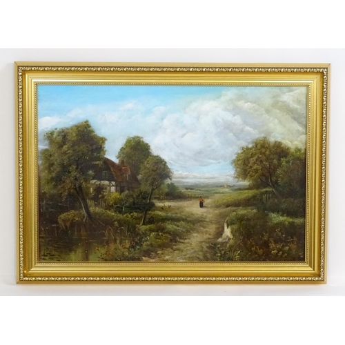 1809 - 20th century, Oil on canvas, A country landscape with a figure in a farmyard with chickens. Signed l... 