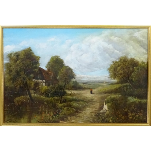 1809 - 20th century, Oil on canvas, A country landscape with a figure in a farmyard with chickens. Signed l... 