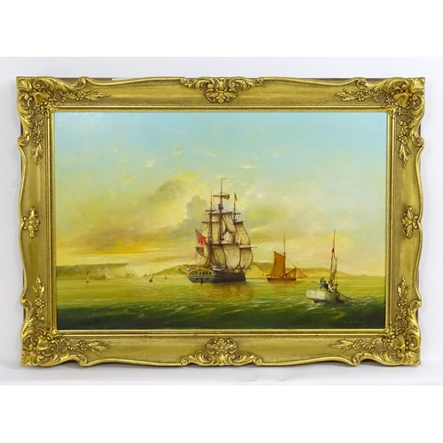 1811 - Hedley J. de Noury (b. 1941), Oil on canvas, A seascape with a warship, sailing boat, fishing boat, ... 