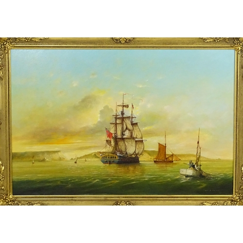 1811 - Hedley J. de Noury (b. 1941), Oil on canvas, A seascape with a warship, sailing boat, fishing boat, ... 