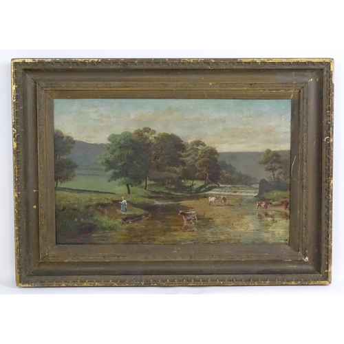 1812 - William F. Hulk, 19th century, Oil on canvas, A landscape scene with cattle watering by a weir. Sign... 