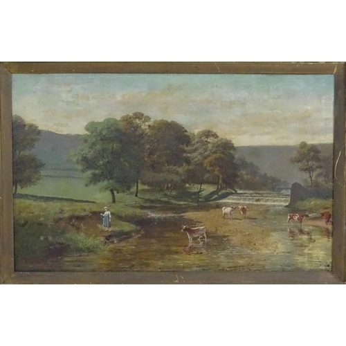 1812 - William F. Hulk, 19th century, Oil on canvas, A landscape scene with cattle watering by a weir. Sign... 