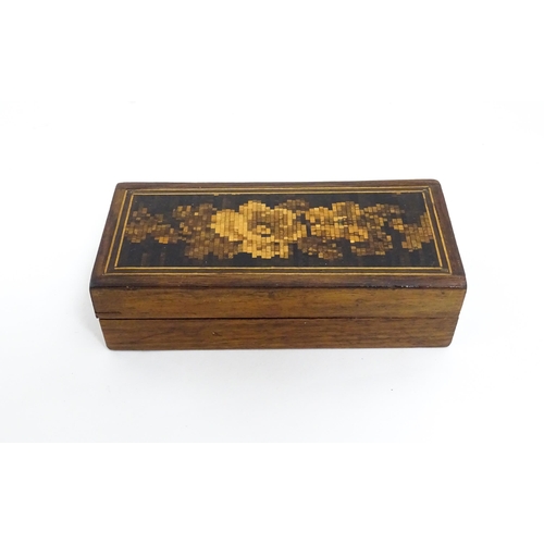 1064 - A 19thC Tunbridge ware travelling / folding cribbage board with floral and foliate decoration. Toget... 