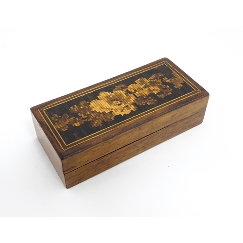 1064 - A 19thC Tunbridge ware travelling / folding cribbage board with floral and foliate decoration. Toget... 