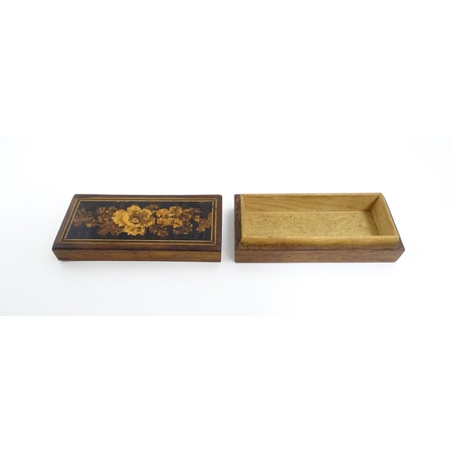 1064 - A 19thC Tunbridge ware travelling / folding cribbage board with floral and foliate decoration. Toget... 