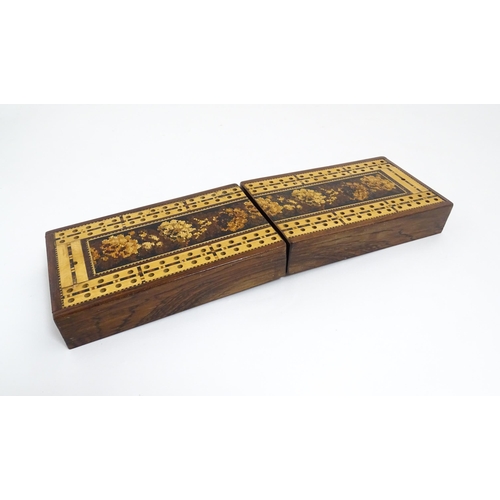 1064 - A 19thC Tunbridge ware travelling / folding cribbage board with floral and foliate decoration. Toget... 