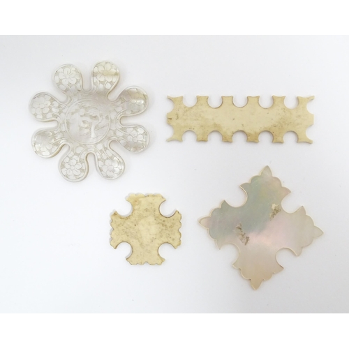 1259 - Four Chinese needlework silk thread winders to include a mother of pearl snowflake winder with engra... 