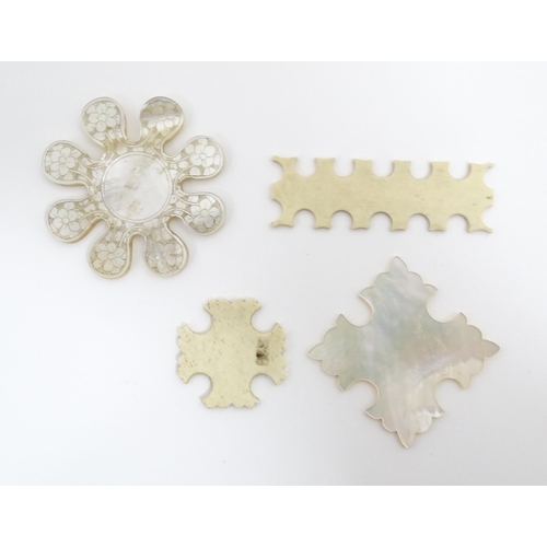 1259 - Four Chinese needlework silk thread winders to include a mother of pearl snowflake winder with engra... 