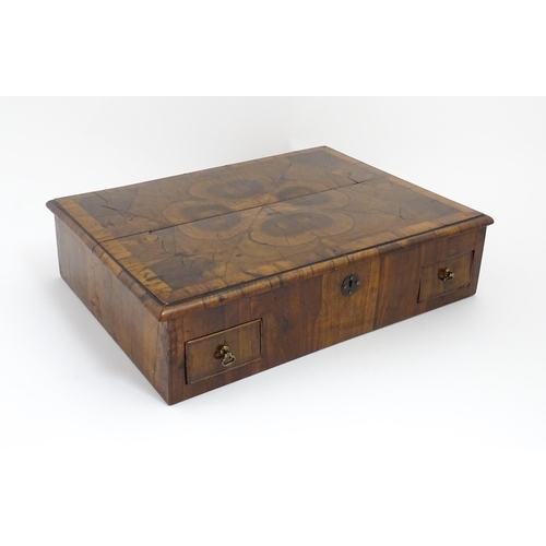 1302 - A William and Mary olivewood and oyster veneered lace box of rectangular form with two later small l... 