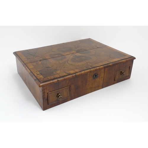 1302 - A William and Mary olivewood and oyster veneered lace box of rectangular form with two later small l... 