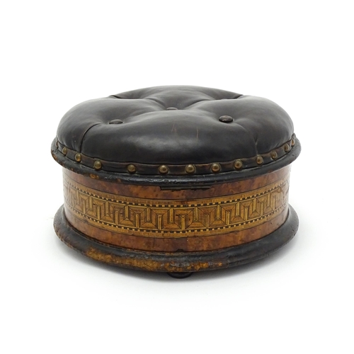 1609 - A Victorian burr walnut footstool with a deep buttoned hinged seat and walnut and boxwood marquetry ... 