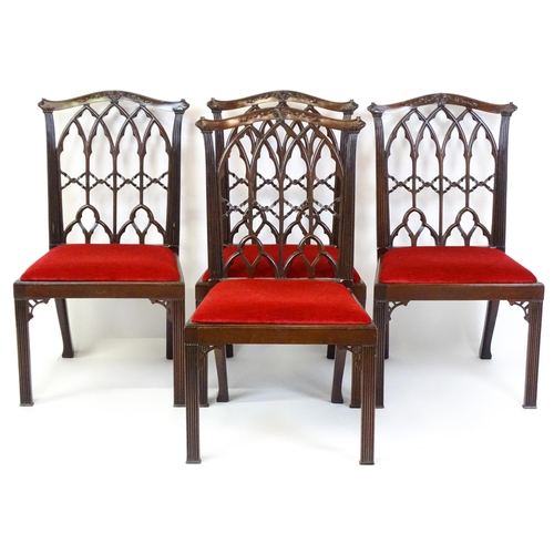 1753 - A set of four early 20thC mahogany Chinese Chippendale style Gothic side chairs, with lancet style t... 